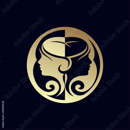 Vector twin women's logo in a circle, face, beautiful and spa concept