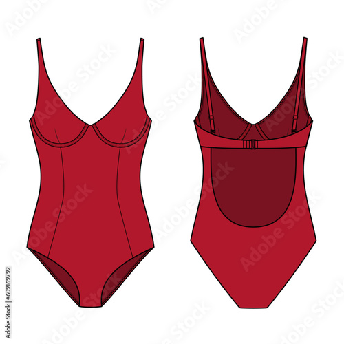 High Apex One Piece technical fashion flat. Swimsuit vector illustration, front and back view, editable mockup template.	