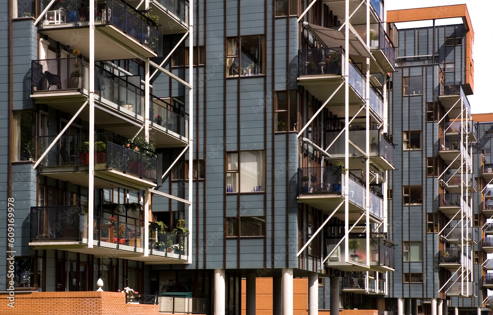 Crop of 4 modern buildings in Holland, Apeldoorn on white sky.