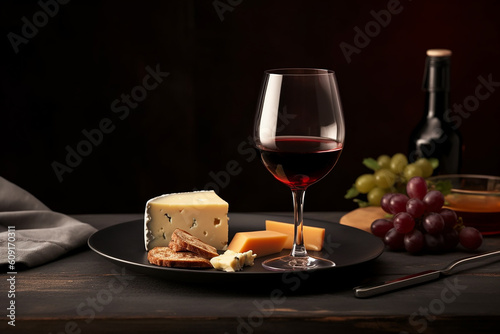 Red wine and cheese plate, low key. Generative AI
