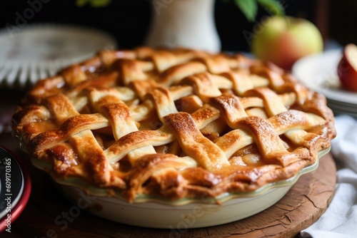 Divine Apple Pie with golden lattice top with blurred background. AI Generated