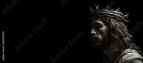 Black and white photorealistic studio portrait of Jesus Christ wearing a crown of thorns on black background. Generative AI illustration