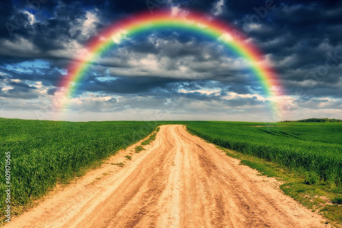 picturesque rainbow over the field. road in the middle of the field. nature of Ukraine