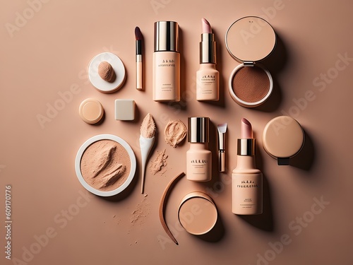 Flat lay composition of beauty cosmetic skincare products, make up products on beige background. Generative AI
