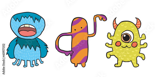 blue orange lime purple cartoon vector fantasy monster creature mascots set, cute mutant beast for kids isolated