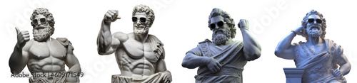 Collection of modern greek sculpture with big smile and sunglasses on transparent background. Generative AI