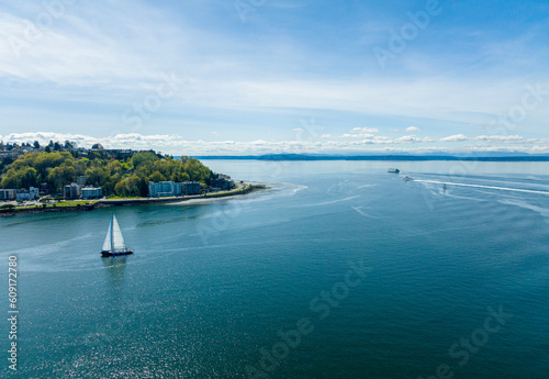 Sunny Shot of Alki Point West Seattle Washington Sailbot Ferry and Beach Vibrant Colored Water photo