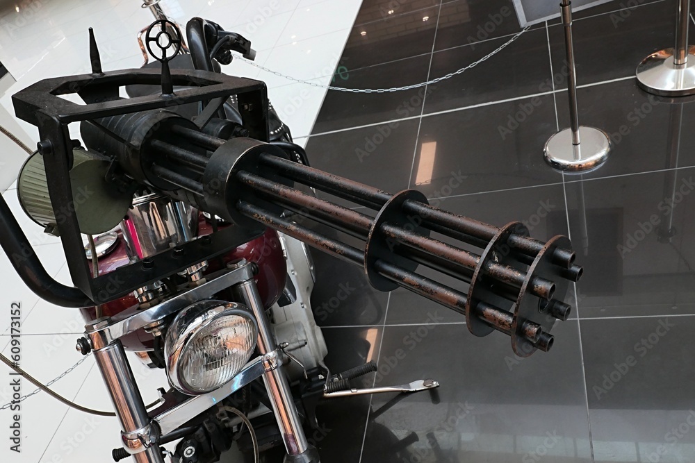 Harley Davidson Softail chopper motorbike with rotary machine gun