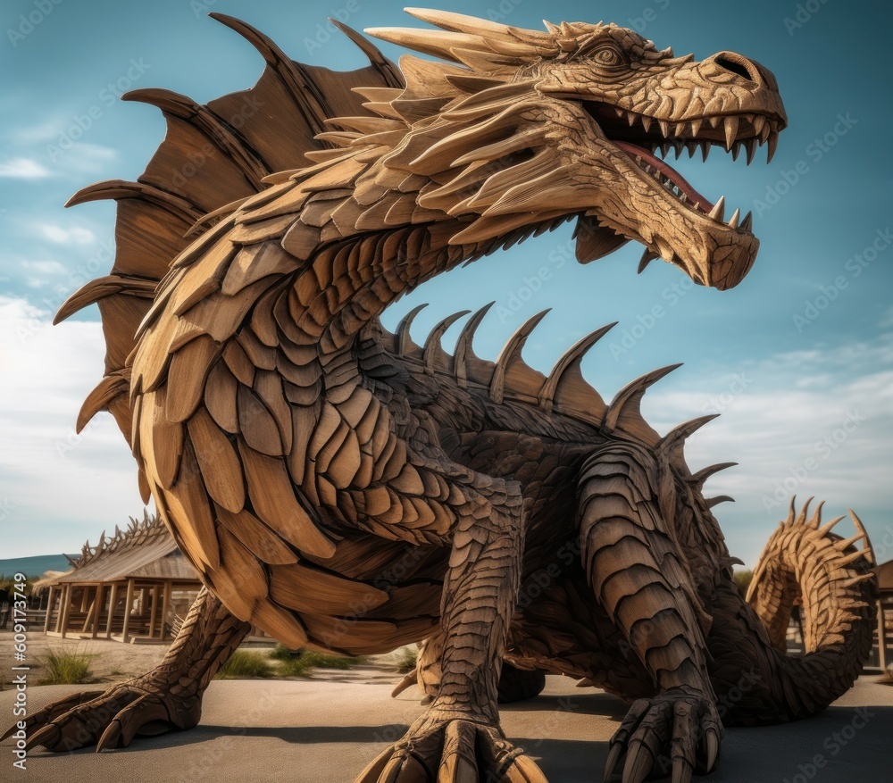 Giant green wooden dragon sculpture. AI generated, human enhanced. Giant green wooden dragon sculpture. AI generated, human enhanced.