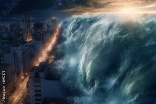 A wave of destructive tsunami is moving towards the city. Climate change concept. AI generated  human enhanced