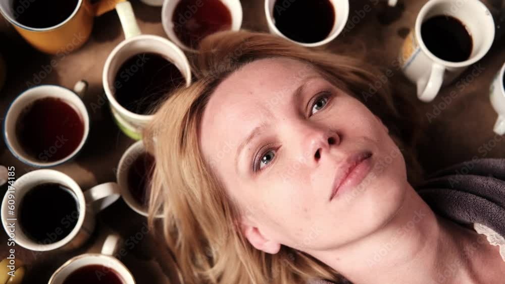 A woman looks among the many cups of coffee. Deadline, overtime, caffeine addiction concept.