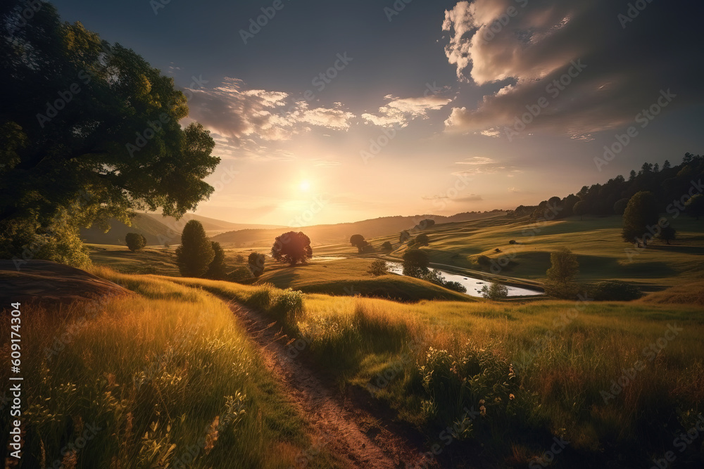 Fototapeta premium Beautiful sunset over a wide landscape