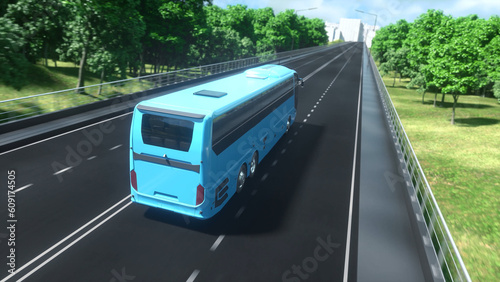 Blue tourist passenger modern bus on the highway. Surrounded by nature, trees, fields. Concept of tourism and transportation of people between cities. Sunny summer day. 3d rendering