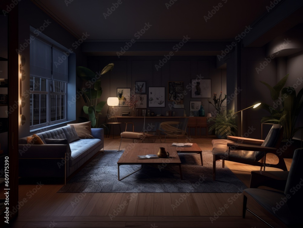 contemporary living room with plants and decoration with paintings and warm lighting contemporary living room with plants and decoration with paintings and warm lighting