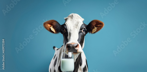 Cow with ear tag and glass of milk isolated on blue background with copy space. Banner of a natural farm dairy eco product.  Generative AI professional photo imitation. © SnowElf