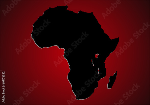 Silueta negra del mapa de África y Madagascar sobre degradado radial rojo y negro