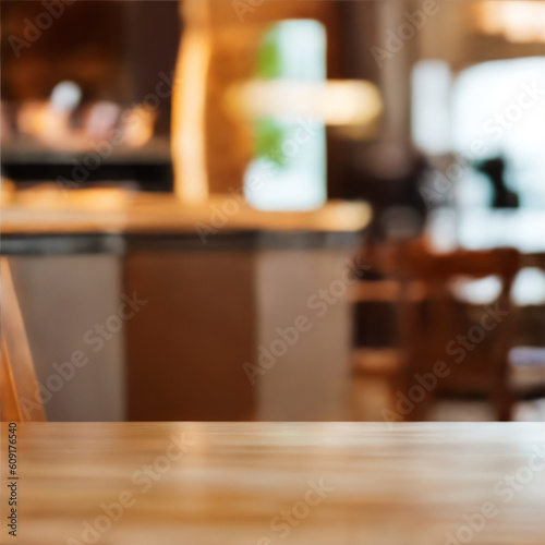 An Empty Wood Table Top On Abstract Blurred Cafe Background Can Be Used For Display Your Products  - Ai Generated -