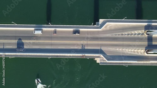 Top view of bridge over beautiful green river