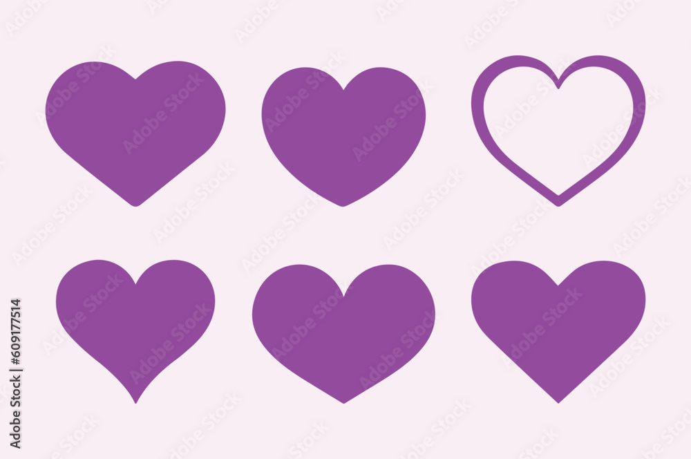 Purple, violet hearts set. Love, romance, passion, feeling icon, symbol. Vector illustration