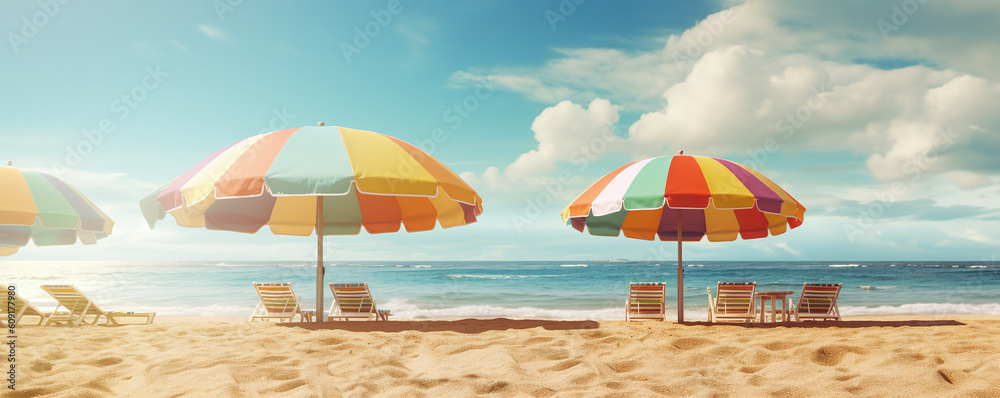 Summer beach illustration with sun lounger umbrellas, sand and sea view. Generative AI