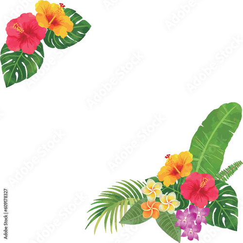 南国の花と植物のフレームイラスト　手描き水彩　