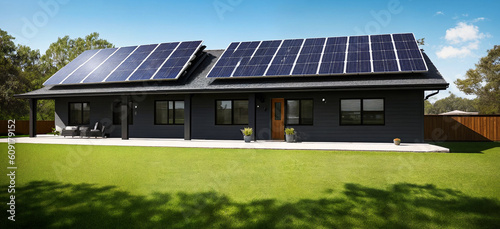 A house with eco-friendly solar panels or alternative photovoltaic installations for electricity on the roof on a sunny day. The concept of clean, sustainable and renewable energy. Generative AI.
