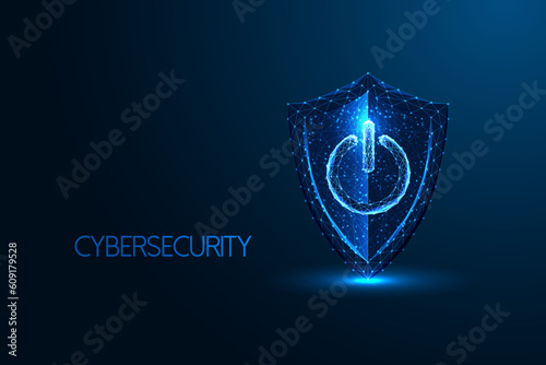 Cybersecurity, web safety, digital defense abstract concept with protection shield and power button