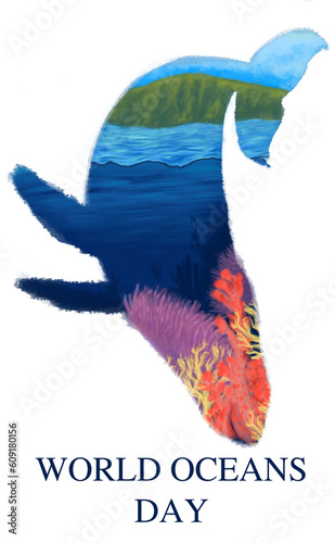 Ilustración de silueta de ballena jorobada en fondo blanco con un paisaje del fondo del mar y un arrecife en su interior y con un letrero del dia mundial de los oceanos photo