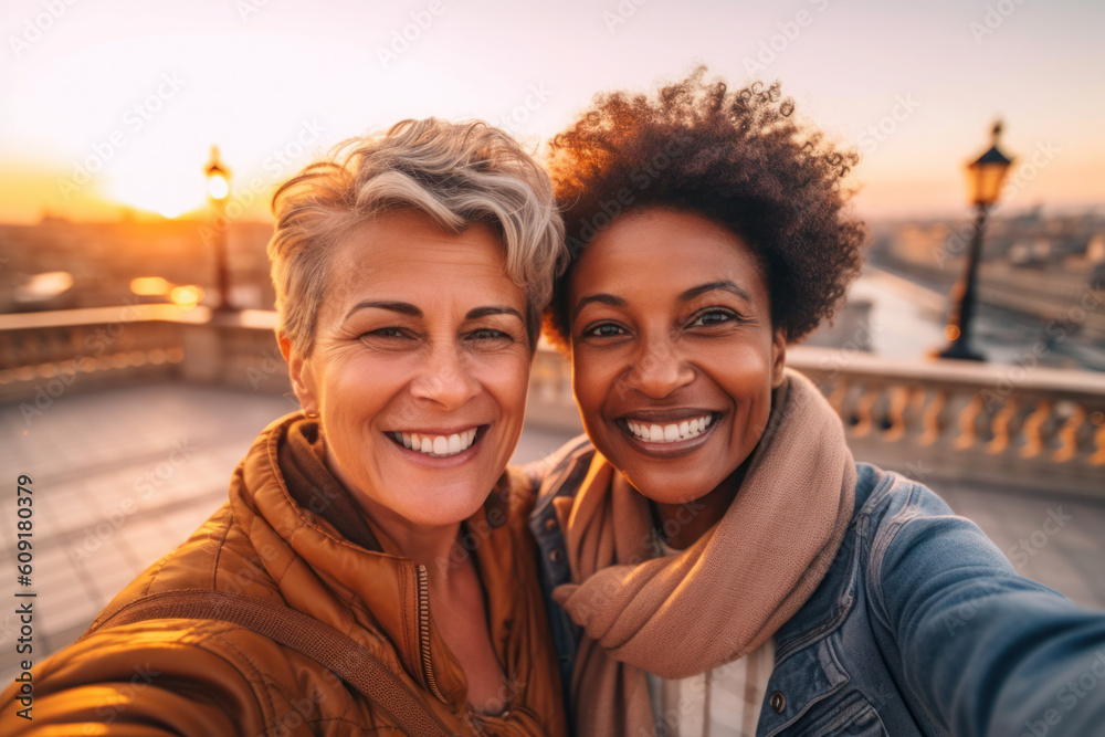 Selfie of two mature lesbian women, LGBTQ acceptance, generative AI