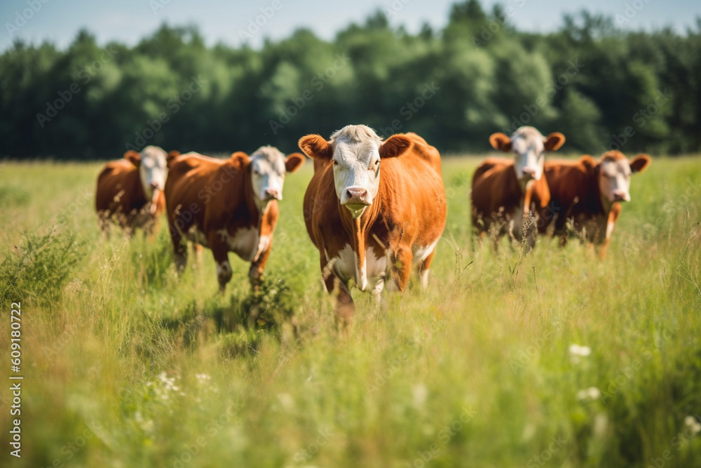 Des vaches paisibles dans une prairie verdoyante. IA Générative. Des vaches paisibles dans une prairie verdoyante. IA Générative.