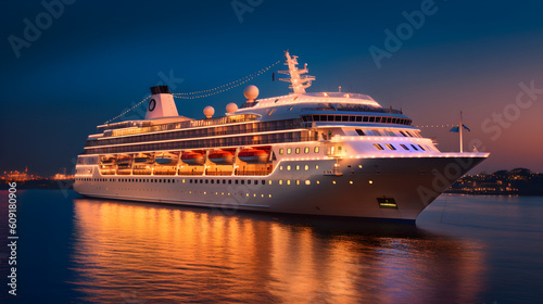 Passenger ship near the coast at dawn. Generative AI. © Eduardo