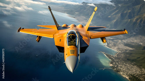 An orange fighter aircraft flying over the coast. Generative AI.
