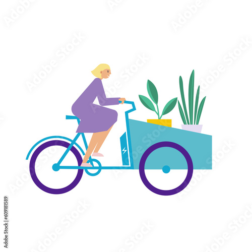 Woman riding electric bicycle. Cargobike with cart. Bakfiets with cargo. Flat vector illustration