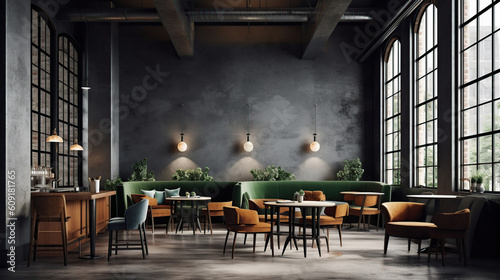 Fotografia Industrial style bar corner with dark gray walls, Generative AI