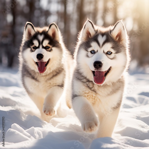 Playful Alaskan Malamute Puppies Enjoying a Snowy Adventure