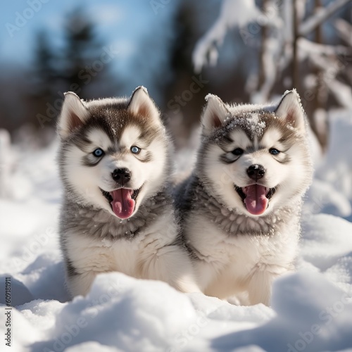 Playful Alaskan Malamute Puppies Enjoying a Snowy Adventure