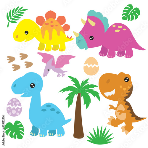 Set of cartoon baby dinosaurs. Jurassic animals vector cartoon illustration.