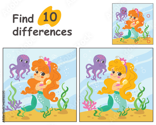 Find 10 differences with mermaid and octopus vector illustration