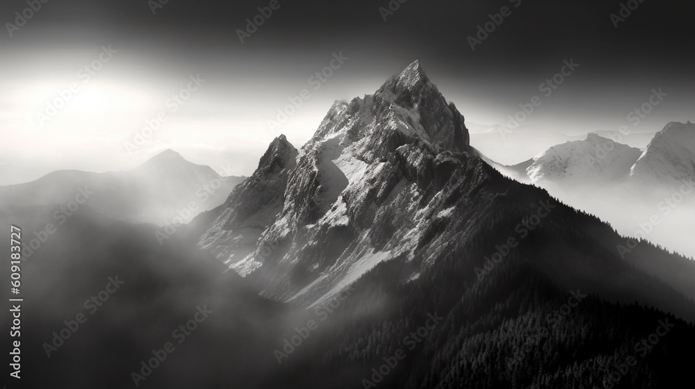 a black and white photo of a mountain range with fog in the air and a bright sun in the sky above the mountain range. Generative AI