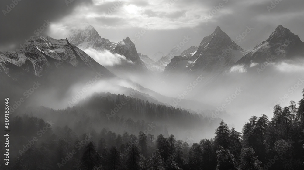 Fototapeta premium a black and white photo of a mountain range with fog in the air and a bright sun in the sky above the mountain range. Generative AI