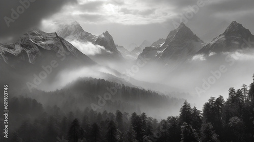 a black and white photo of a mountain range with fog in the air and a bright sun in the sky above the mountain range. Generative AI