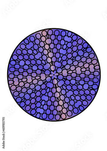 Kreisfläche gefüllt mit einem rotationssymmetrischen ornamentartigen perlenmuster und einem blau und rot strukturirtem hintergrund, modern art