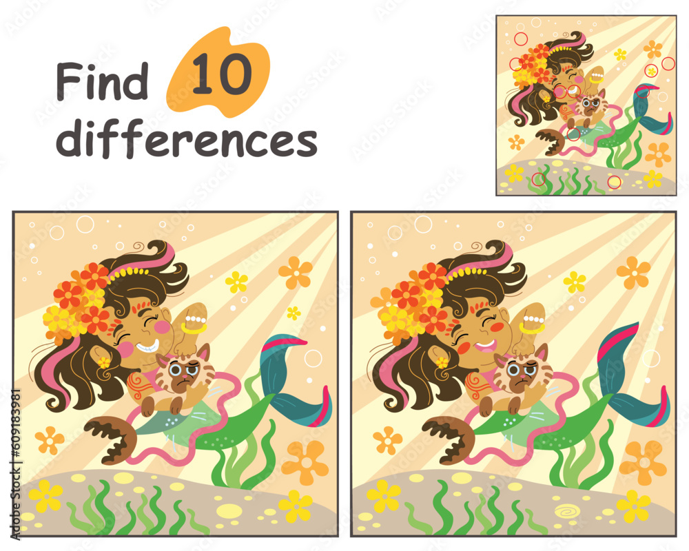 Find 10 differences with mermaid and cat vector illustration