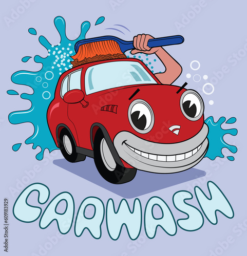 A cartoon auto gets a wash.
