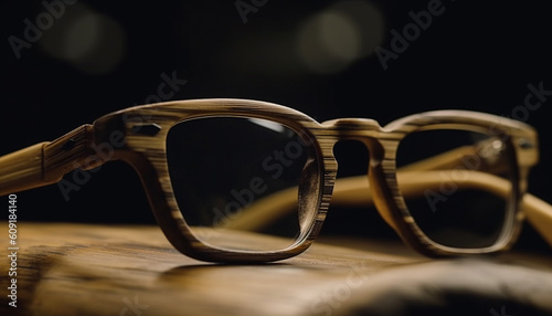 Elegant eyewear on wooden table, reflecting summer generated by AI