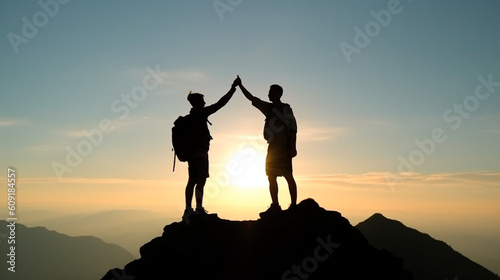 Accomplishment concept , with silhouette of two hikers giving high five on mountain top. Generative AI