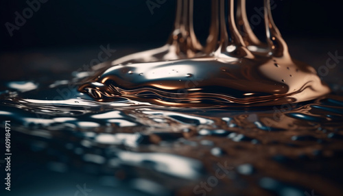 Smooth chocolate pouring, splashing in wave pattern generated by AI