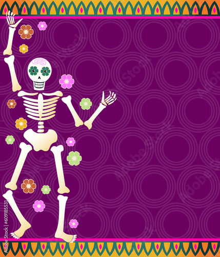 Festive skeleton and flowers on a colorful patterned background - great for Dia de los Muertos
