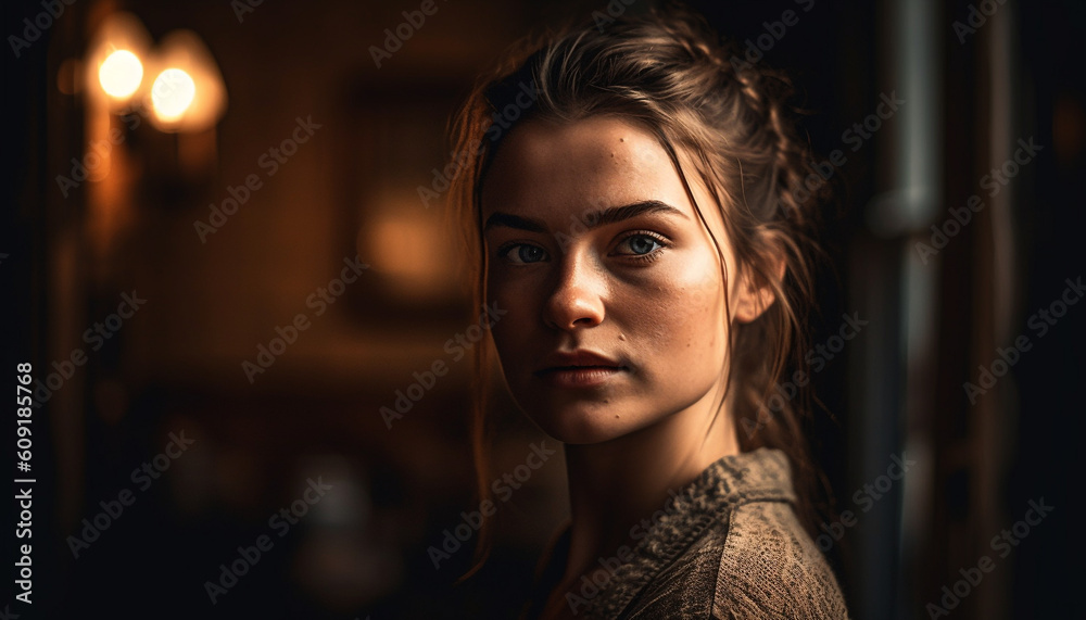 Young adult woman with brown hair smiling confidently generated by AI Young adult woman with brown hair smiling confidently generated by AI