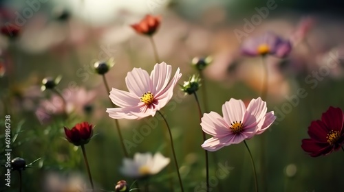 colorful pink cosmos flowers blooming in the field spring background. generated ai © Маргарита Вайс